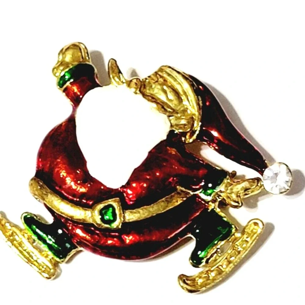 Vintage Red Santa Claus Brooch Pin Enamel Rhinestone Skating Christmas Holiday